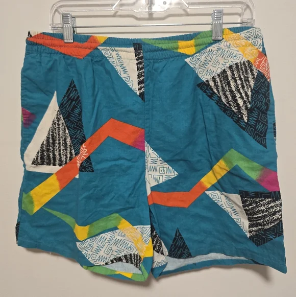 80s 90s Retro Vintage Colorful Geometric Patterned Swim Trunk Shorts - Picture 2 of 7